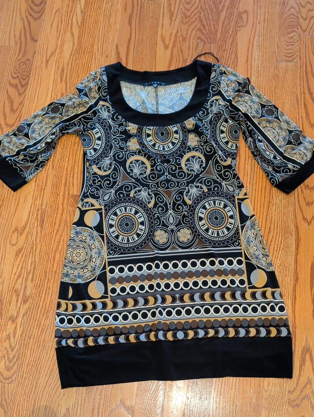 Tiana B. Black Dress with Gold and Cream Paisley Medallion Print